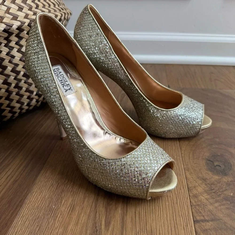 Badgley Mischka Humbie II Glitter Peep Toe Heel Gold Silver 9.5